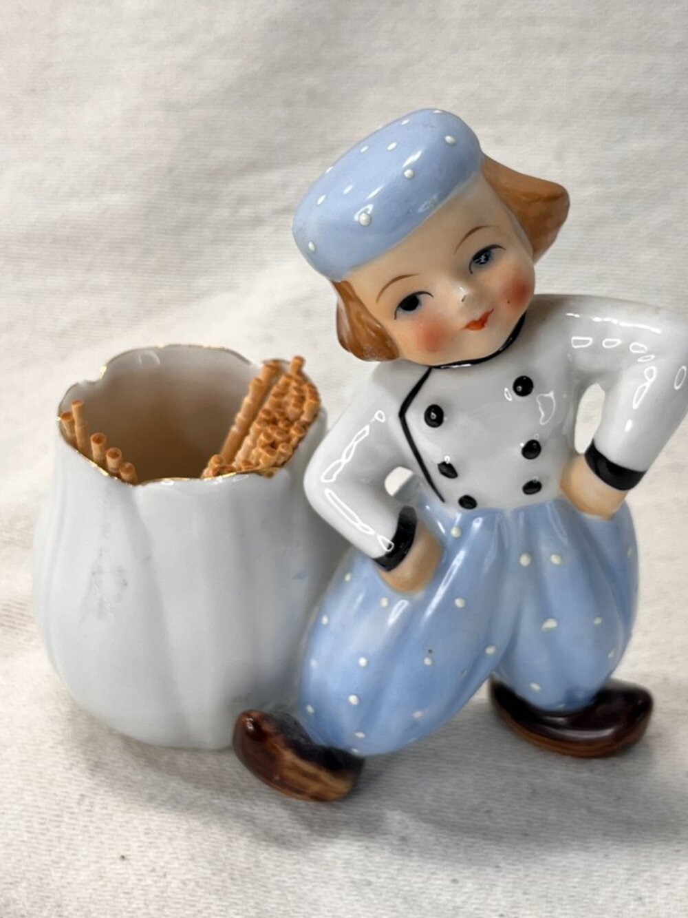 Vintage Porcelain Ceramic Dutch Boy Bud Vase Toothpick Holder Polka Dot Pants